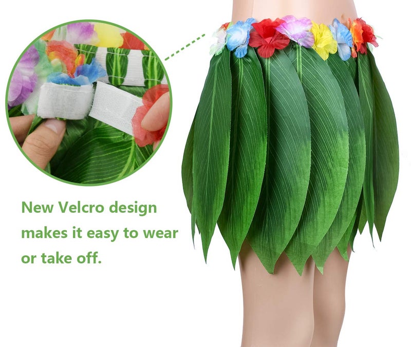 PIXHOTUL Leaf Hula Skirt and Hibiscus Leis Set Hawaiian Costumes for Beach Luau Party (Color 1) - Image 4
